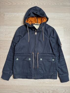 Zara Man Hooded Utility Jacket Navy Orange Cotton Field Jacket Size M